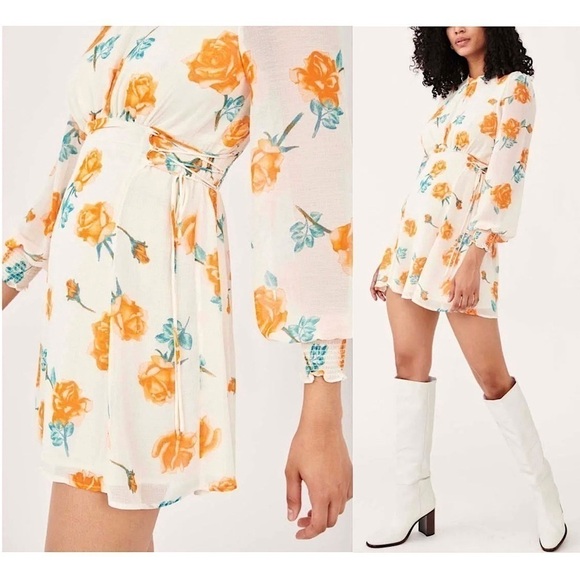 NWT FREE PEOPLE Floral Chiffon Puff Long Sleeve Smock Cuff Lace Up Side Dress XS - Picture 4 of 9